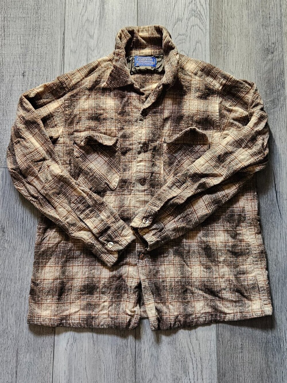 Vintage 70s Pendleton Wool Board Shirt Mens XL Plaid Brown Shadow Flannel USA